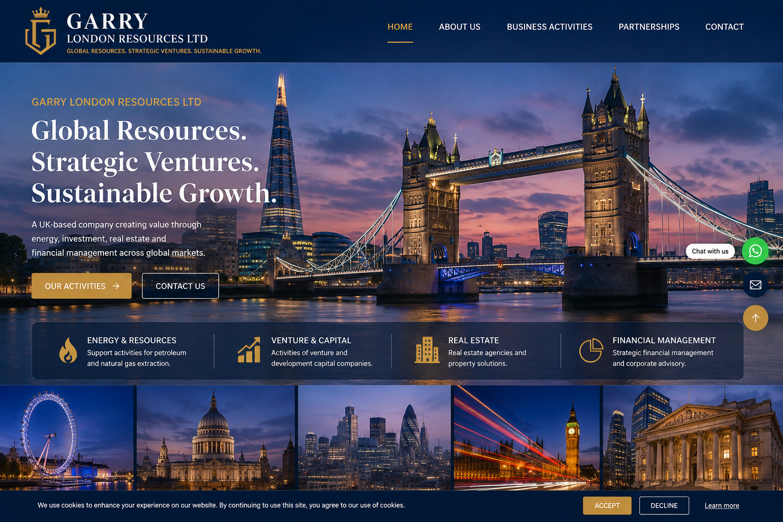 GARRY LONDON RESOURCES LTD London corporate homepage featuring Tower Bridge and London skyline